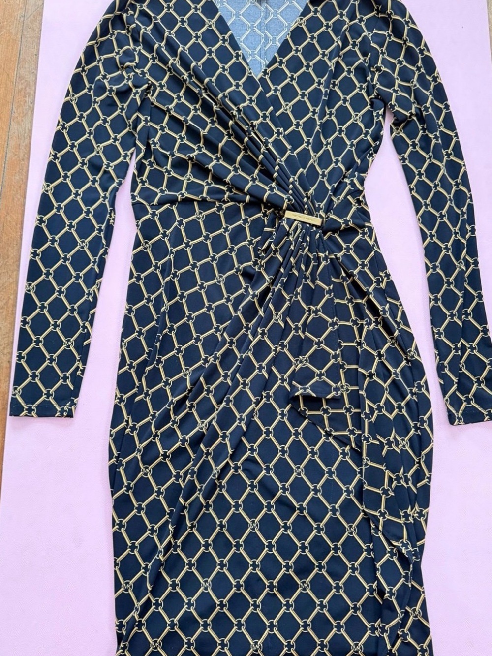 Michael Kors Black Long Sleeve Wrap Dress with Gold Chain Pattern